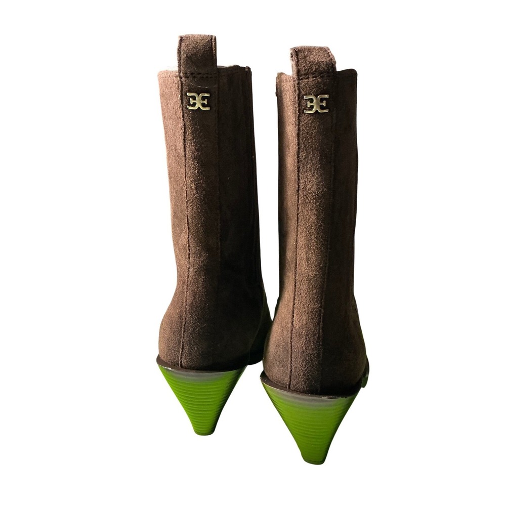 Sam Edelman Madey Chocolate Suede Green Heel Western Ankle Boots 8.5M - Picture 3 of 7